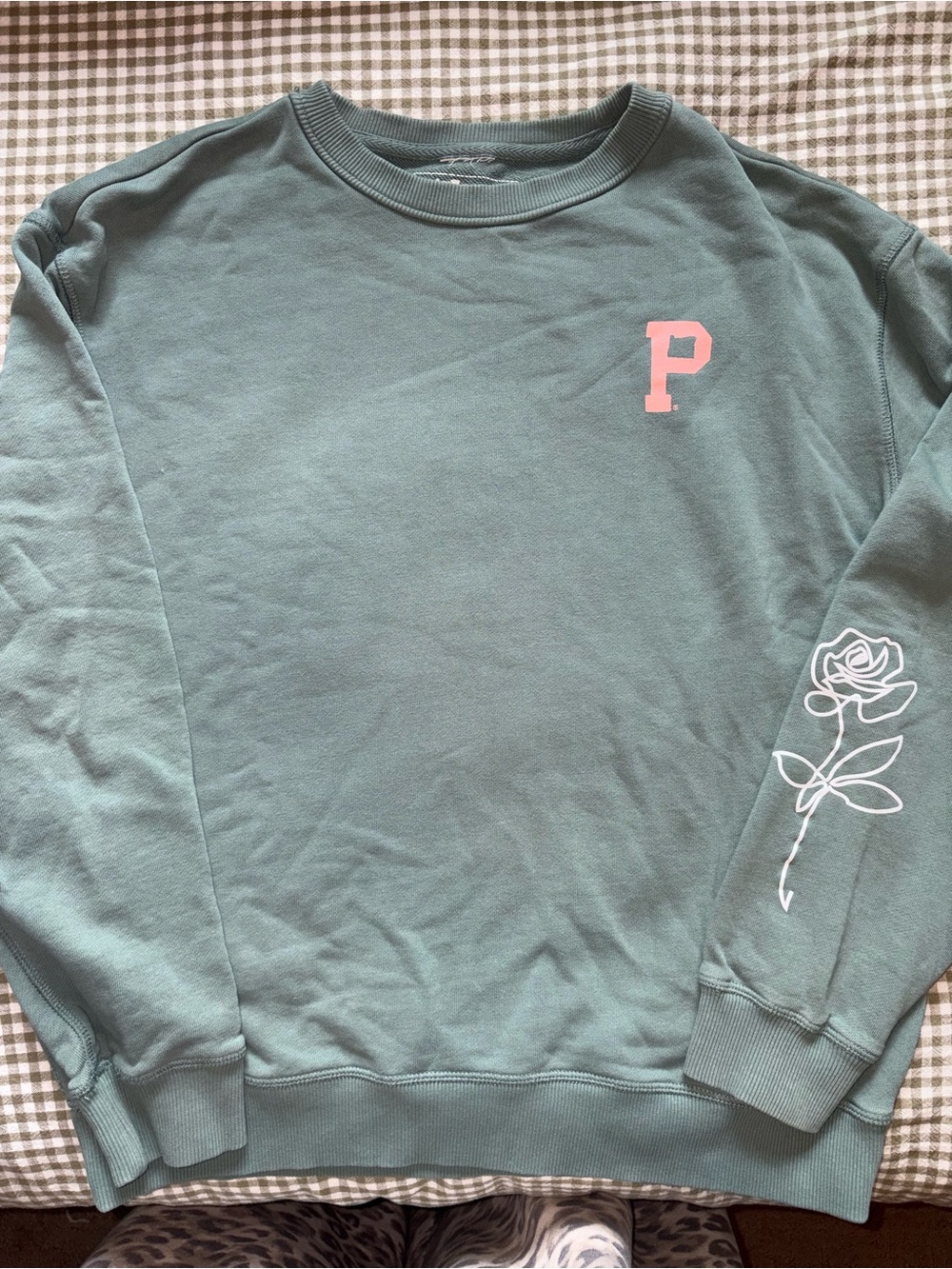 Portland Gear Green Sweatshirt with Pink 'P' and White Rose Sleeve